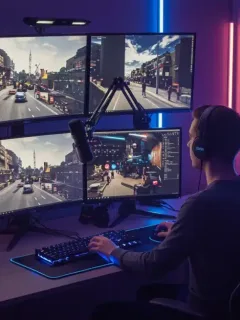 Futuristic gaming setup for Twitch streaming in 2026, with glowing lights and multiple screens.