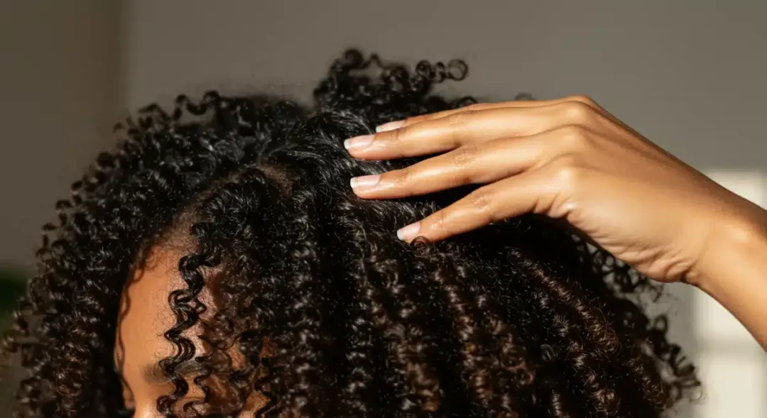 Person applying leave-in conditioner to curly hair for moisture.