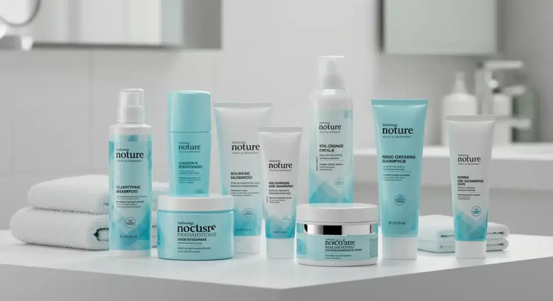 Assortment of hair products for oily hair on a bathroom counter.