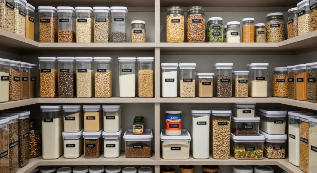 Efficiently organized kitchen pantry with labeled containers.
