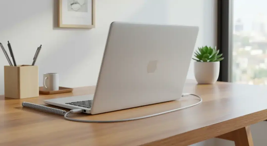 Laptop on a clean desk, symbolizing good physical maintenance for battery health.