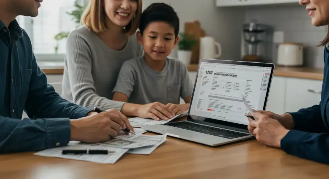 Family budgeting at kitchen table, reviewing tax software after IRS standard deduction increase.