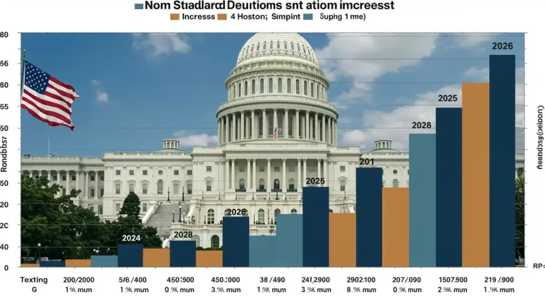 Bar chart showing historical standard deduction increases, emphasizing 2026, with U.S. Capitol in background.