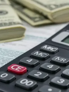 Calculator showing tax figures with dollar bills and tax forms, representing the 2026 IRS standard deduction increase.