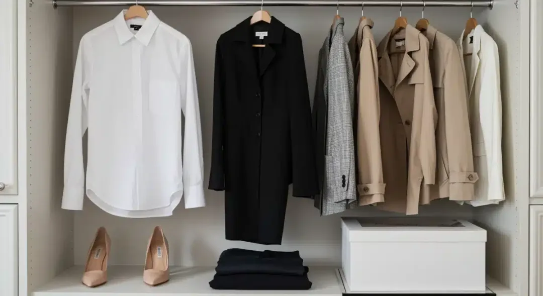 Organized closet with neutral capsule wardrobe pieces.