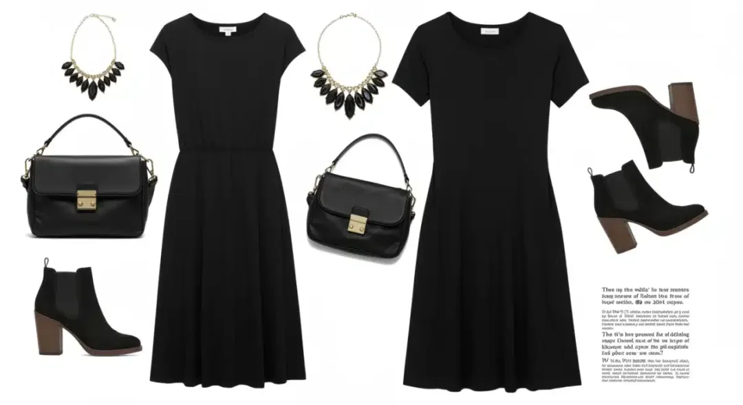 Flat lay of black midi dress with accessories for versatile styling.