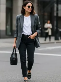 Woman in tailored blazer and jeans, embodying a modern capsule wardrobe.