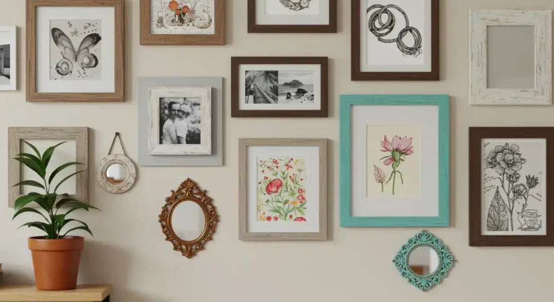 DIY gallery wall with mixed frames and art, budget-friendly home decor.