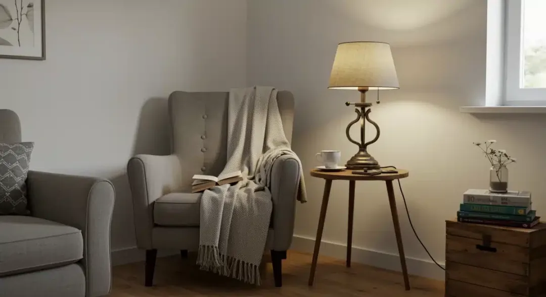 Cozy reading nook with affordable armchair, throw, and repurposed lamp.