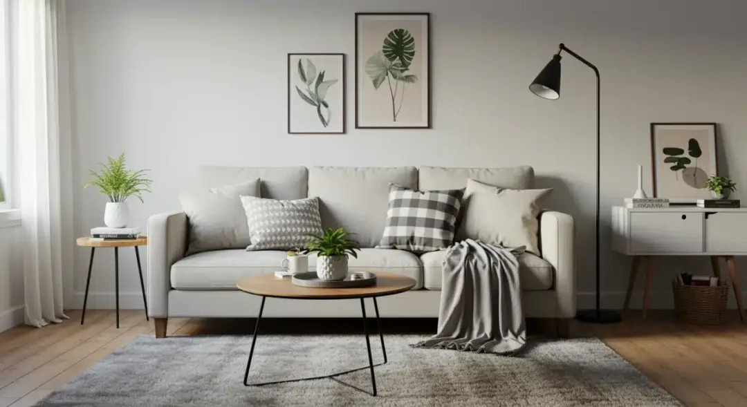 Stylish living room with affordable decor, showcasing cozy textiles and strategic lighting.