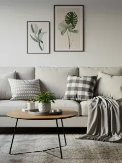 Stylish living room with affordable decor, showcasing cozy textiles and strategic lighting.