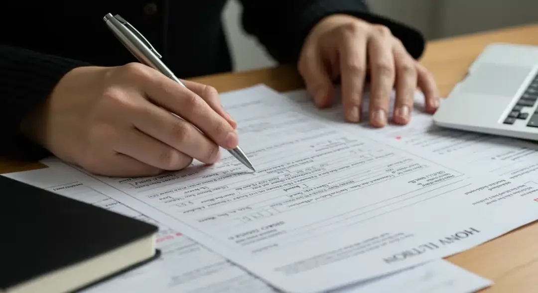 Hands filling out unemployment benefits application form