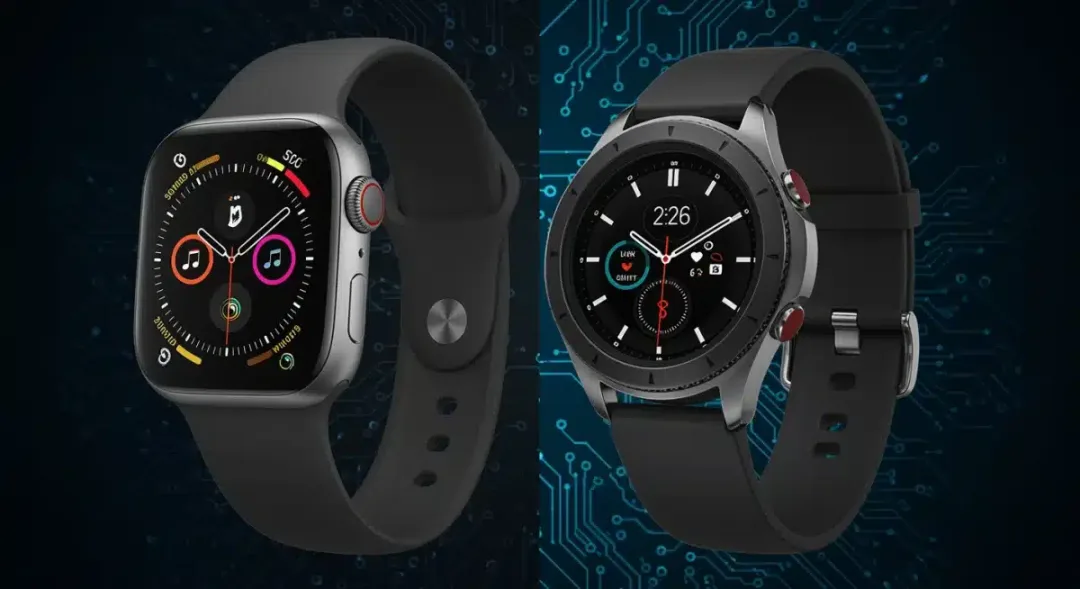Apple Watch Series 12 and Samsung Galaxy Watch 9 side-by-side comparison, futuristic design
