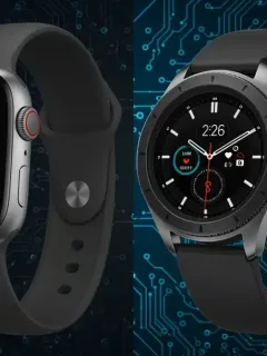 Apple Watch Series 12 and Samsung Galaxy Watch 9 side-by-side comparison, futuristic design