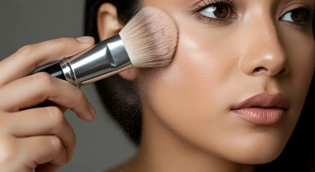 Hand applying face powder with a fluffy brush