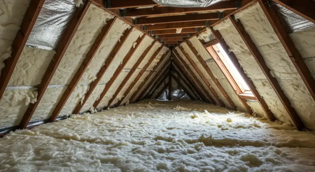 Attic with new insulation for improved home energy efficiency