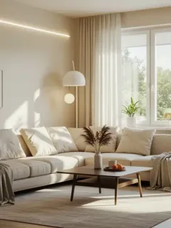 Modern living room with energy-efficient lighting and smart home tech