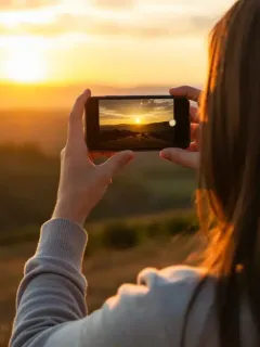 Person capturing a vibrant sunset with a smartphone, showcasing mobile photography skills.