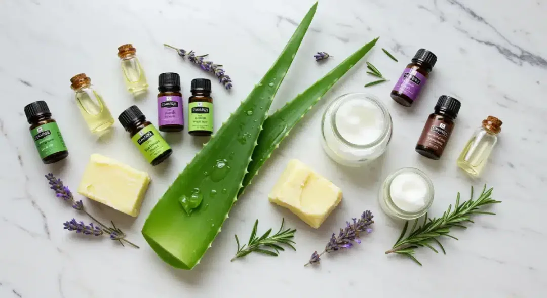 Array of natural ingredients for homemade beauty recipes