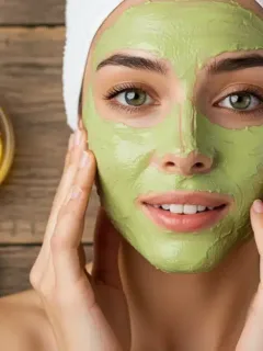Woman applying avocado honey face mask for glowing skin