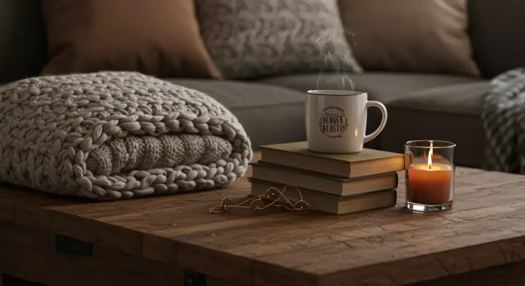Rustic coffee table with tea, books, and knit blanket
