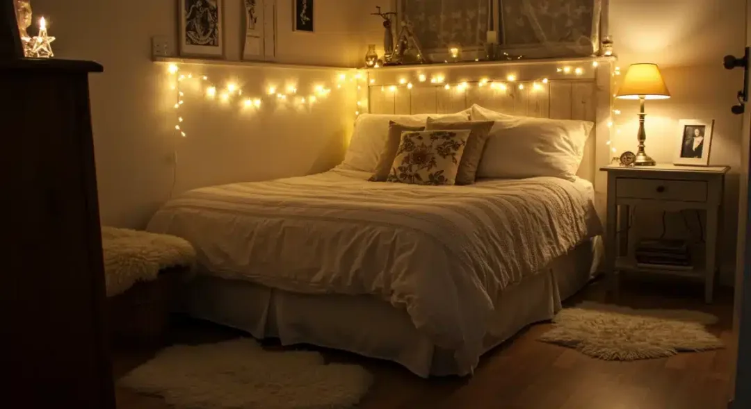 Cozy bedroom nook with fairy lights and layered bedding