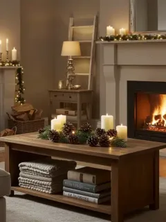 Cozy winter living room with fireplace and plush decor