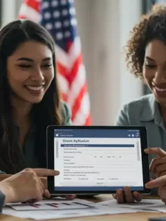 Small business owners reviewing federal grant applications on a tablet