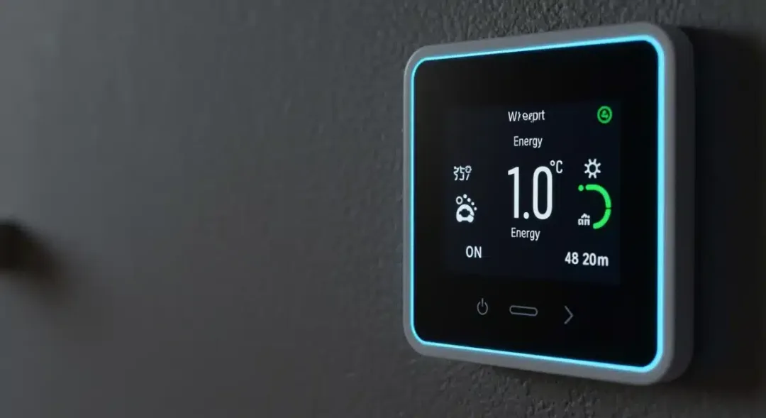 Smart thermostat displaying energy usage and temperature