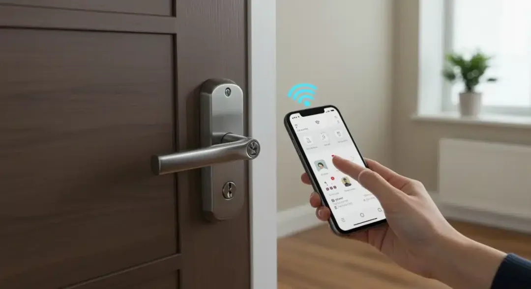 Person unlocking smart door lock with smartphone app
