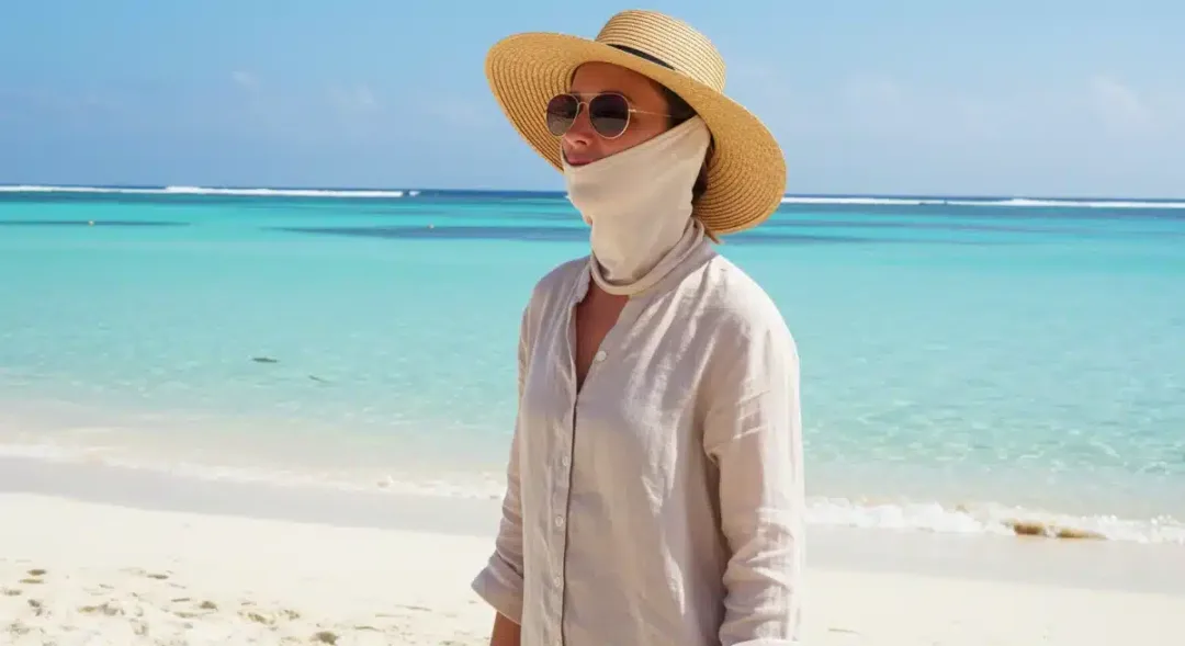Person on beach with hat, sunglasses, and long sleeves for sun protection
