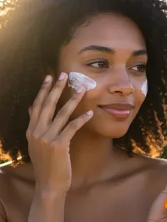 Woman applying sunscreen to face, emphasizing year-round skin protection