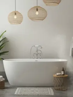 Luxurious spa-like bathroom with freestanding tub and natural elements