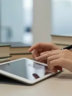 Student using a modern tablet for studying with textbooks and notes.