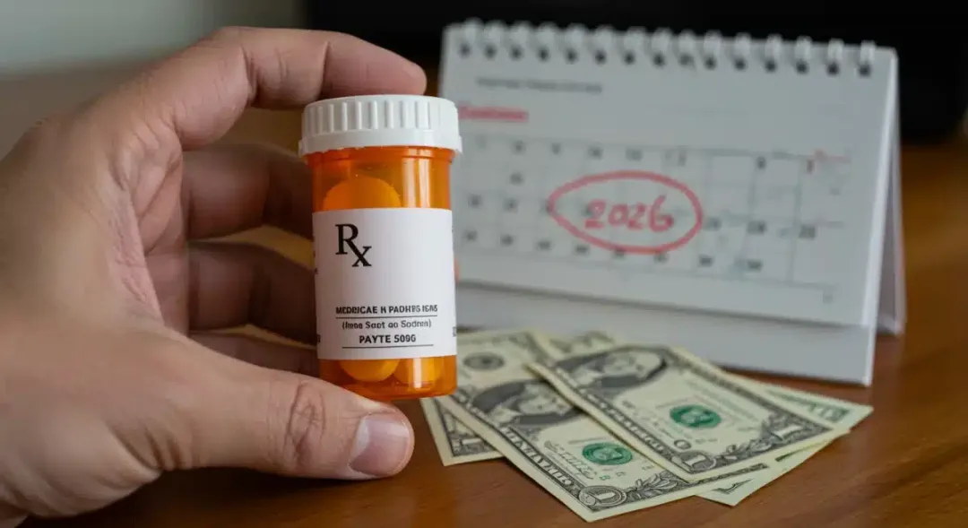 Hand holding prescription bottle with calendar and money, symbolizing drug costs and 2026 savings.