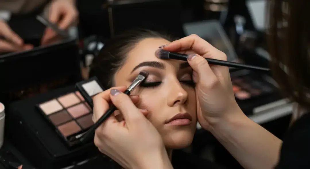 Makeup artist applying dark eyeshadow to transition a day look to night.