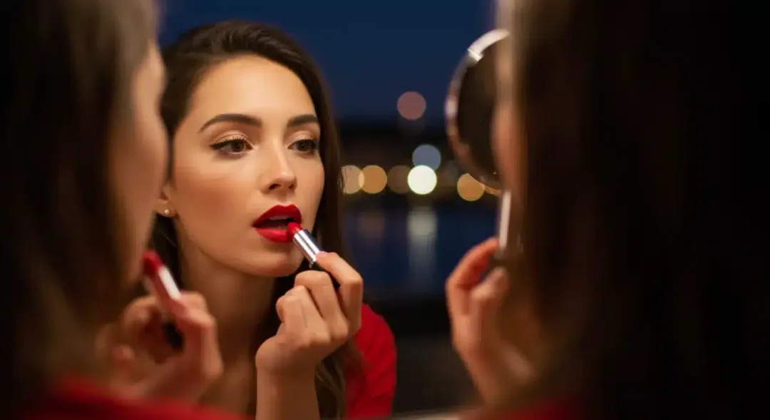 Woman applying bold red lipstick for an evening makeup look.