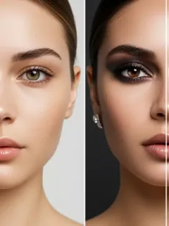 Split image of a woman with day makeup on one side and night makeup on the other, symbolizing quick transformation.
