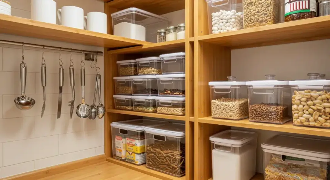 Organized rental kitchen pantry with modular storage