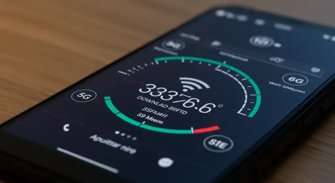 Smartphone displaying high-speed network test results for 5G and Wi-Fi 6E.