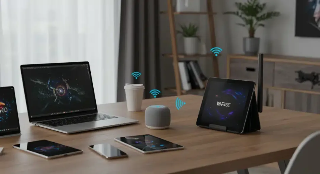 Home office with smart devices connected to a modern Wi-Fi 6E router.