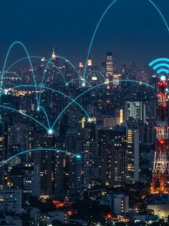 Futuristic cityscape with 5G towers and Wi-Fi signals, symbolizing advanced wireless connectivity.