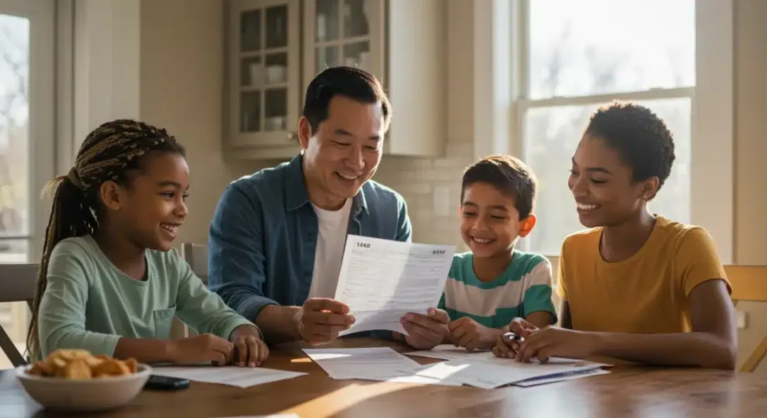 Happy family reviewing tax documents together