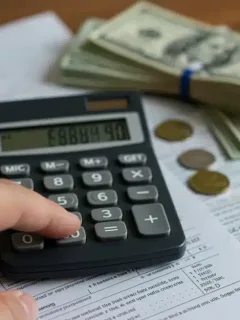 Hand calculating taxes with EITC 2026 forms and money