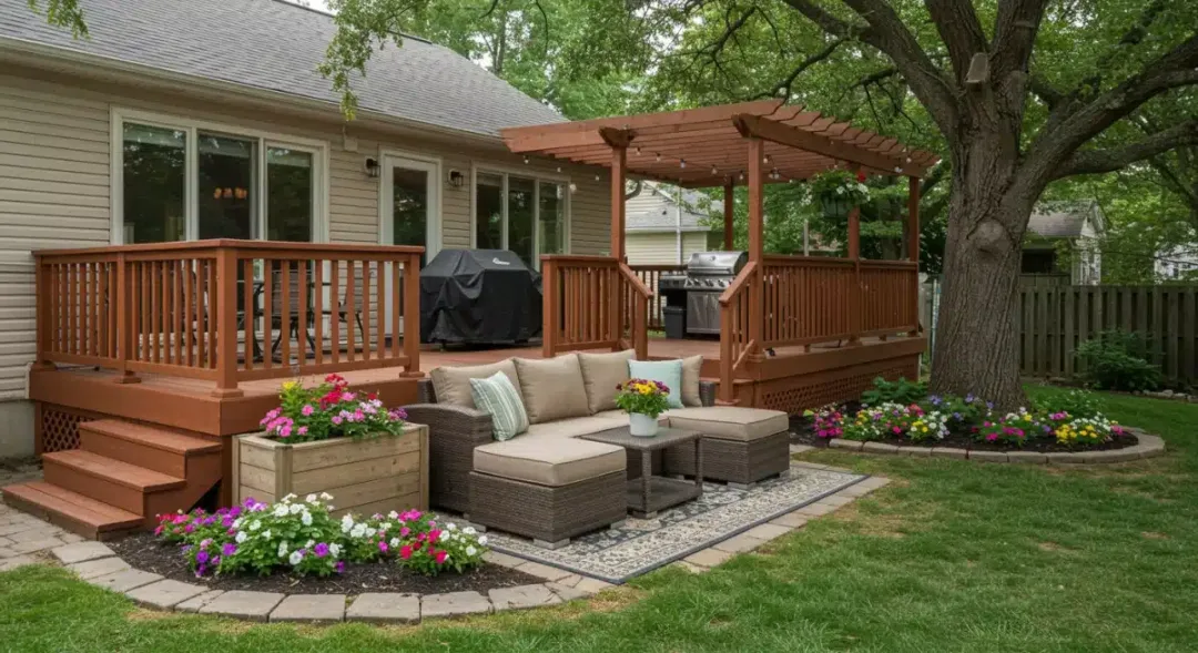 Outdoor living space with deck and landscaping