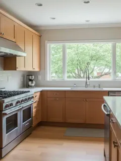 Modern kitchen with stainless steel appliances and quartz countertops