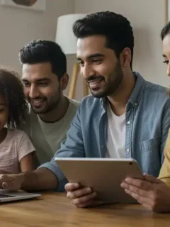 Family benefiting from affordable internet, using digital devices at home