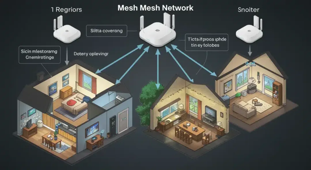 Diagram of mesh Wi-Fi network operation across a multi-story home