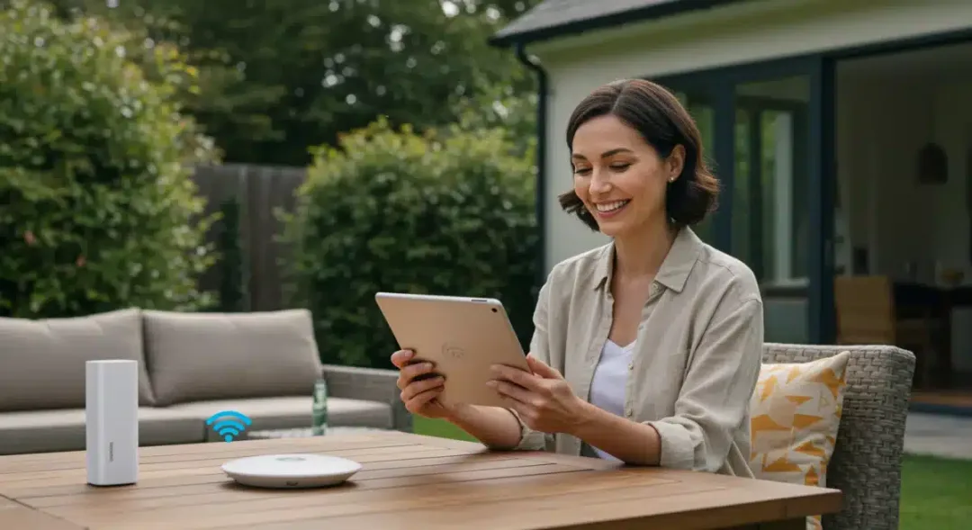 Woman streaming 4K video outdoors with strong mesh Wi-Fi signal