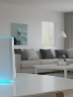 Modern mesh Wi-Fi system unit in a large contemporary home living room